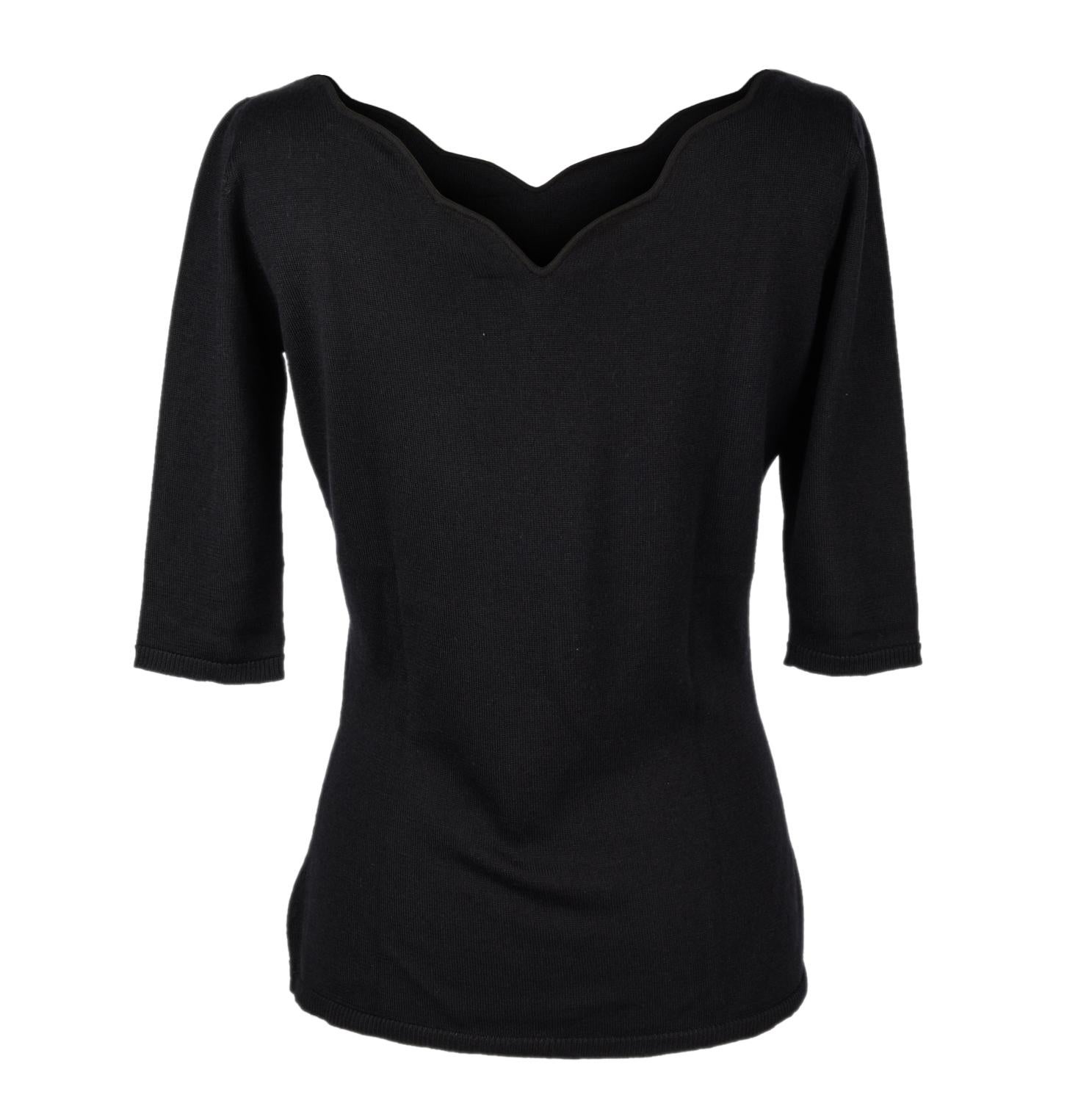 Christian Dior Top Black Cashmere Pullover Scallop Neckline 3/4 Sleeve 3