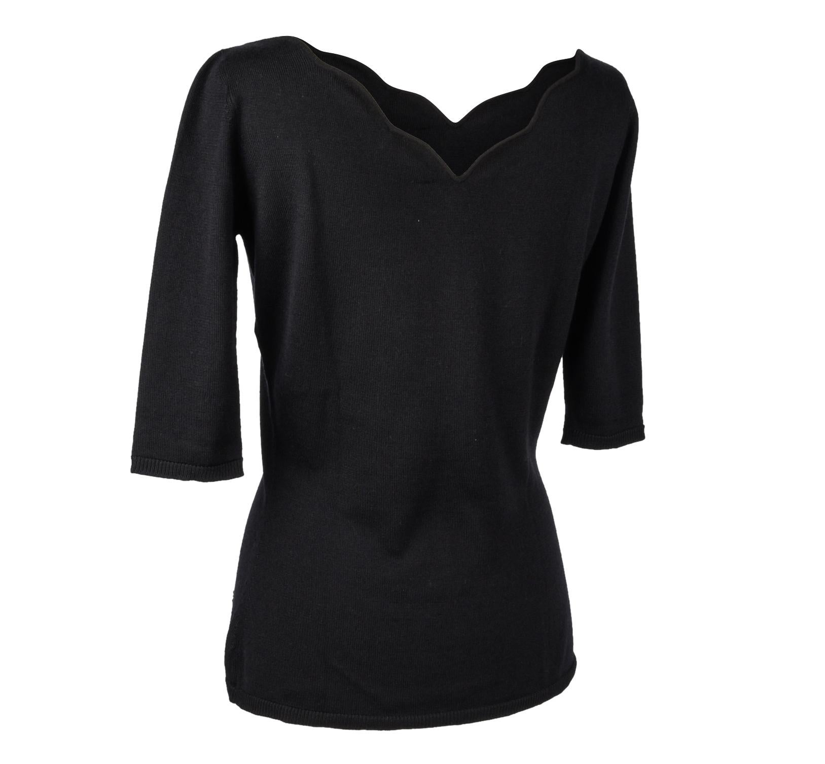 Christian Dior Top Black Cashmere Pullover Scallop Neckline 3/4 Sleeve 2