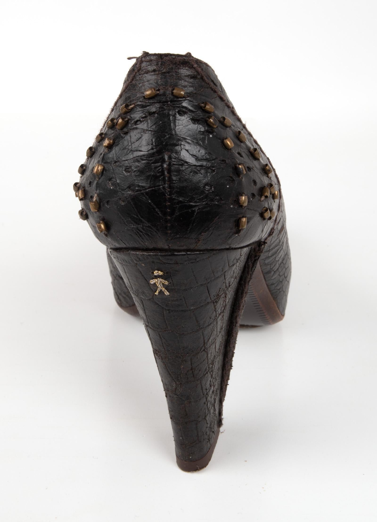 Women's Henry Beguelin Shoe Faux Croc Distressed Leather Pump Brass Hdwre 39 / 9 Mint