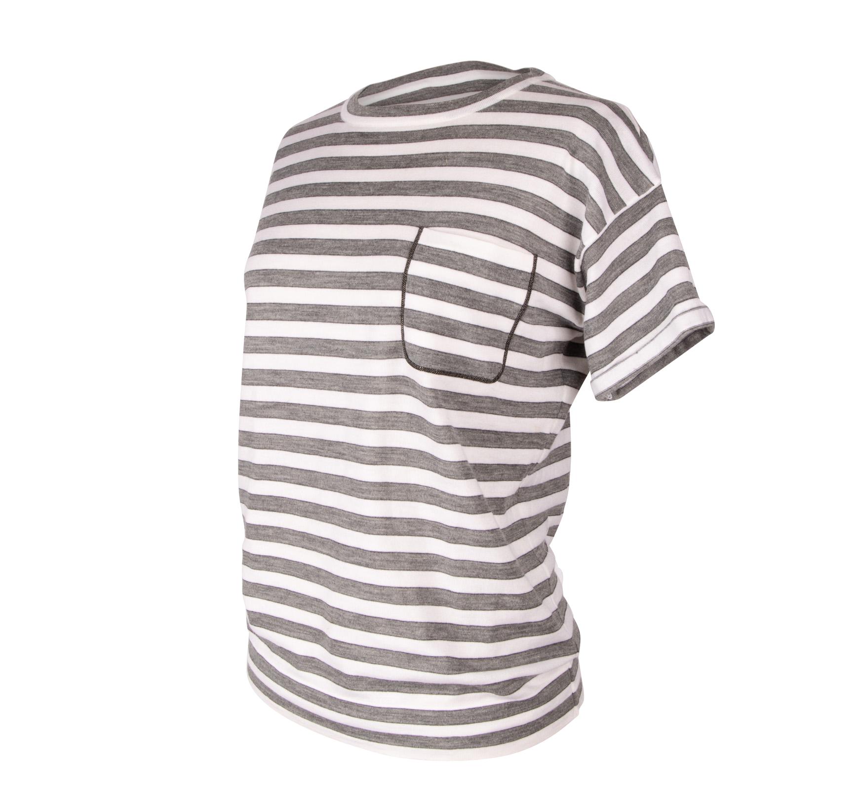 Brunello Cucinelli Top Cashmere Short Sleeve Gray and White Stripe M In New Condition In Miami, FL
