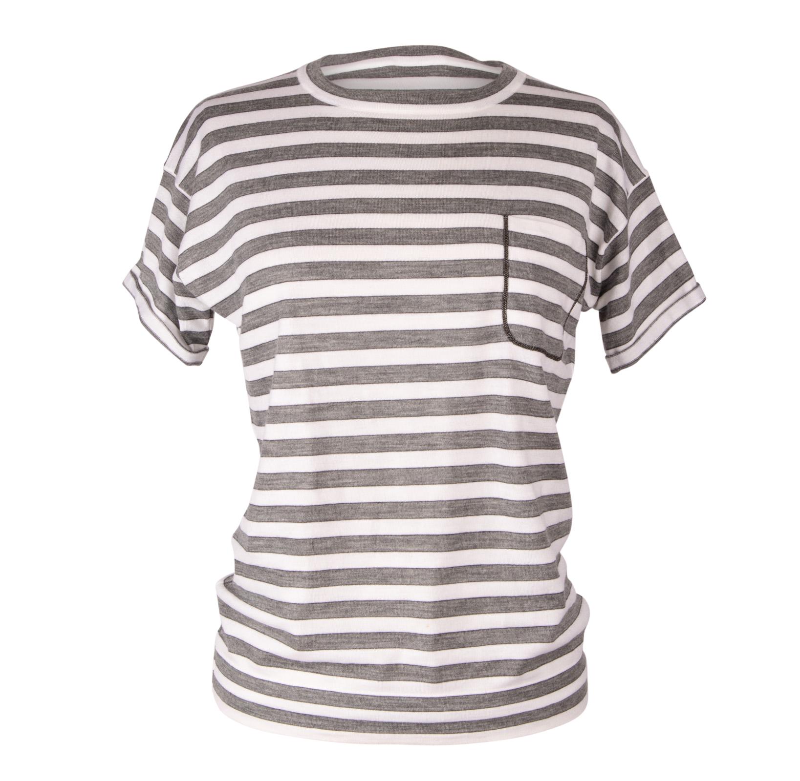 Brunello Cucinelli Top Cashmere Short Sleeve Gray and White Stripe M