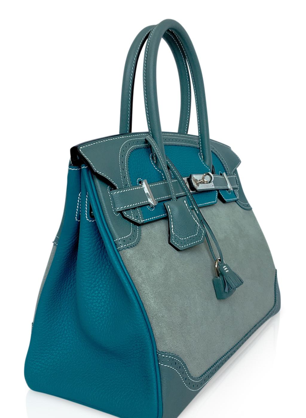 Blue Hermes Birkin 30 Bag Grizzly Doblis Ghillies Ciel Turquoise Limited Edition New