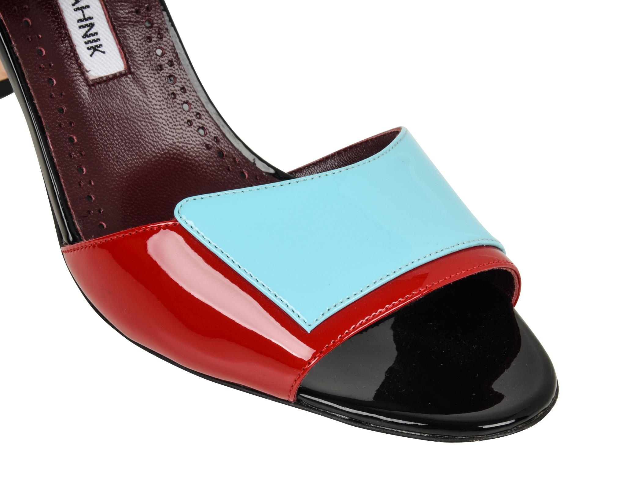 Gray Manolo Blahnik Shoe Multi Coloured Patent Leather Red Blue Black Sandal 40 / 10