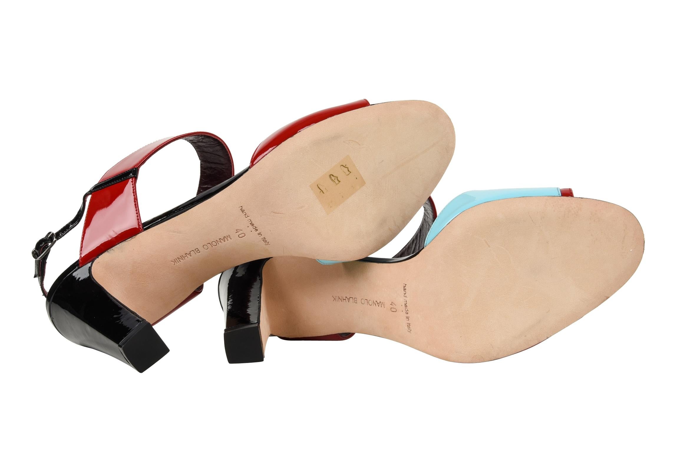 Manolo Blahnik Shoe Multi Coloured Patent Leather Red Blue Black Sandal 40 / 10 1