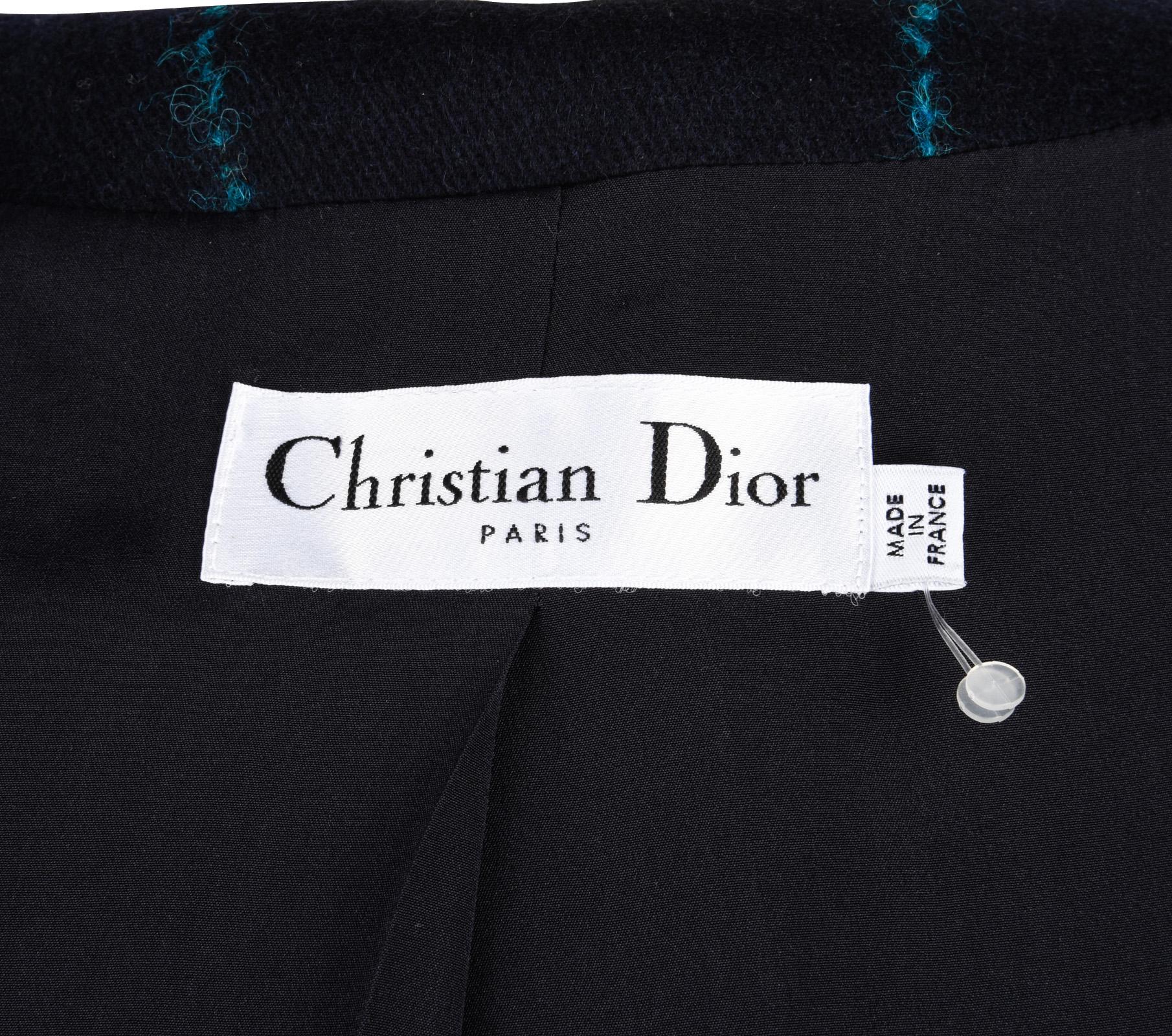 Christian Dior Coat Navy Wool Teal Mohair Window Pane 38 / 6 6