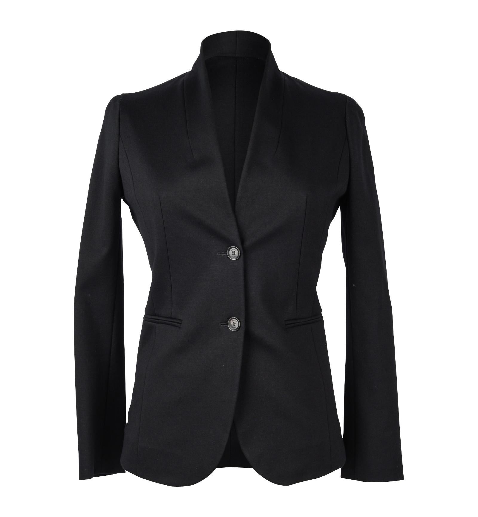 Guaranteed authentic Gucci modern, sleek shaped black jacket.
Faux lapel 2 button single breast
Faux slot pockets.  
Perfect go to black blazer!
Upper rear and arms are lined.
Fabric content is missing - feels like a wool blend.  Fabric has