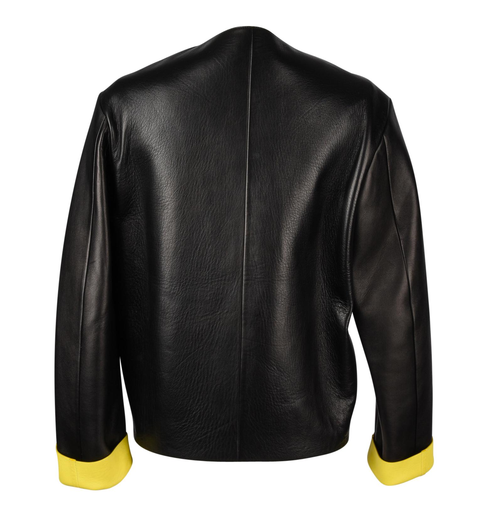 Celine Jacket Oversized Black w/ Yellow Interior Leather 34 / 6 mint In Excellent Condition In Miami, FL