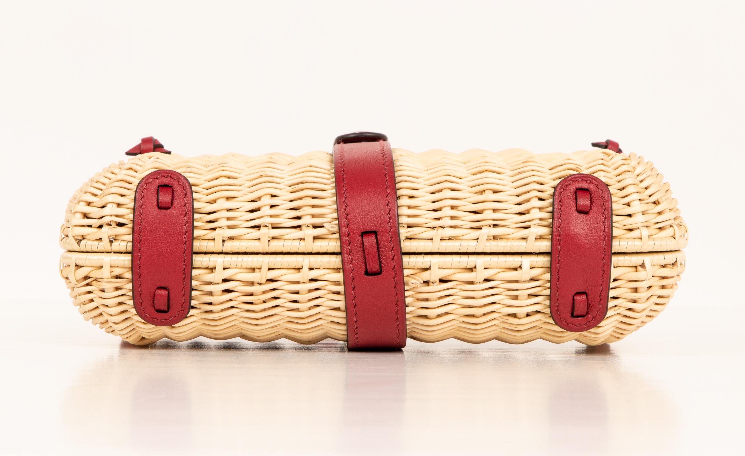 Hermes Bag Picnic Osier Wicker Clutch Rouge H New 5