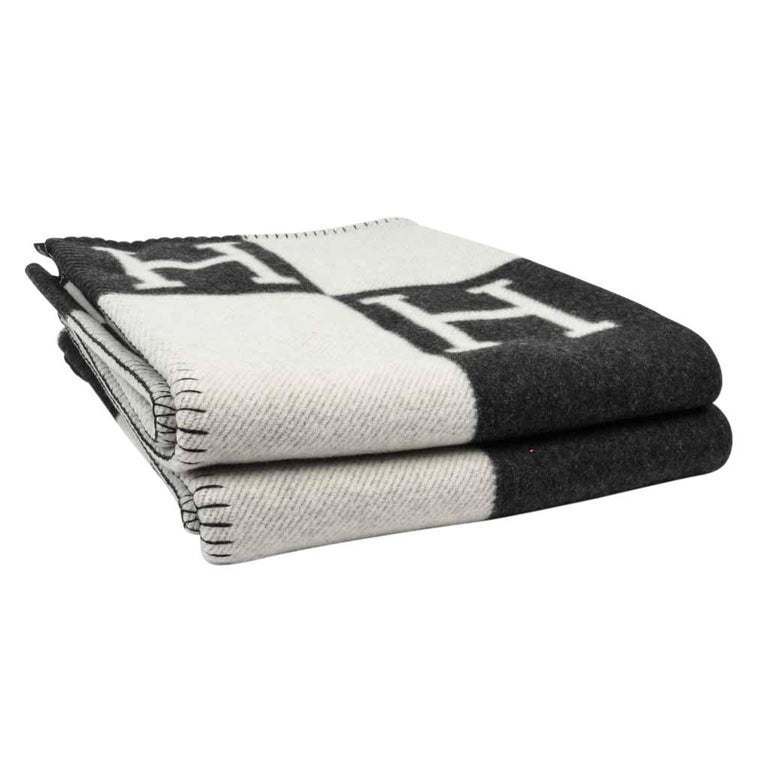 Hermes Blanket Avalon I Signature H Ecru and Gris Fonce Throw Blanket