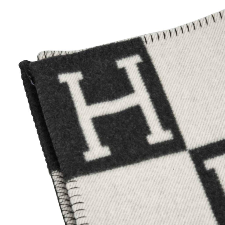 Hermes Blanket Avalon I Signature H Ecru and Gris Fonce Throw Blanket