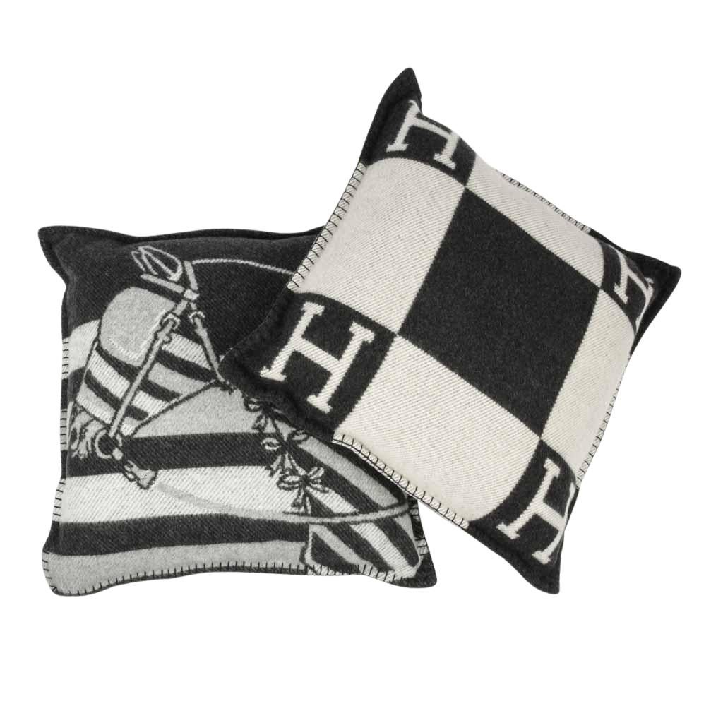 Gray Hermes Cushion Avalon I PM Signature H Ecru and Gris Fonce Throw Pillow