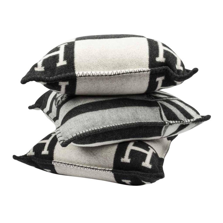 Hermes Cushion Avalon I PM Signature H Ecru and Gris Fonce Throw Pillow