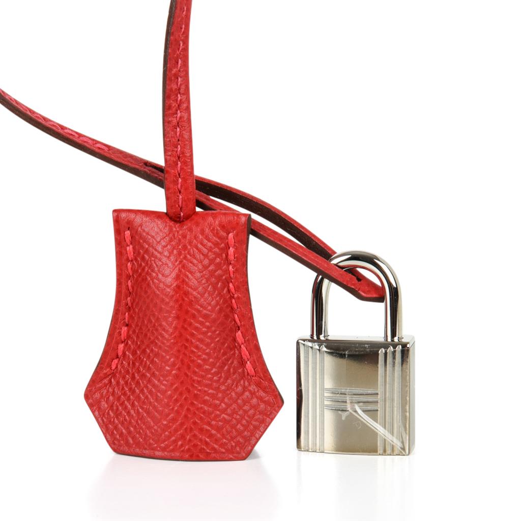 Guaranteed authentic Hermes Birkin 35 bag features Rouge Casaque. 
Vibrant true lipstick red is fresh with palladium hardware.
Epsom leather has a subtle texture and holds the shape of the bag beautifully.   
NEW or NEVER WORN.
Comes with lock,