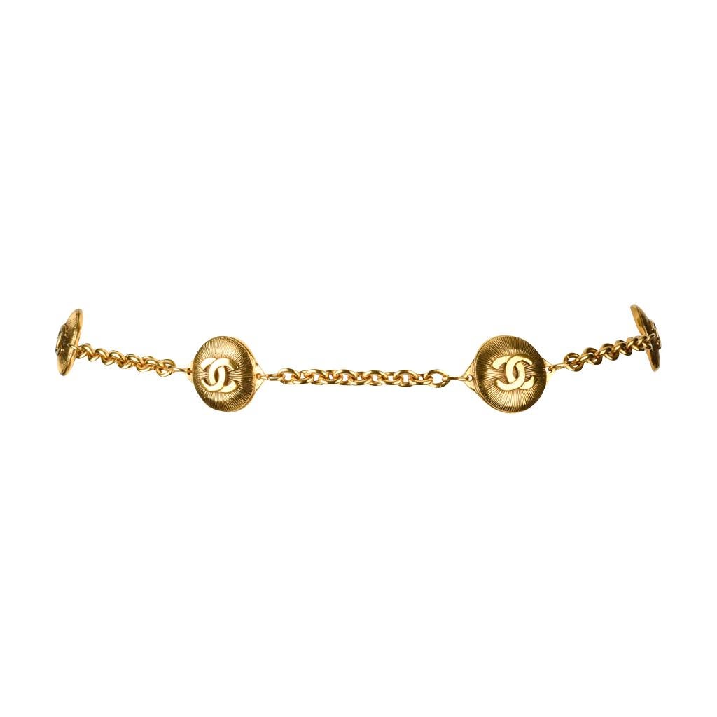 Brown Chanel Belt Vintage Chain Link Gold Sunburst w/ CC Spacers