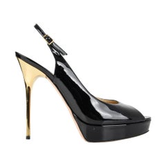 Jimmy Choo Shoe Black Patent Leather Slingback Platform Gold Heel 39.5 / 9.5