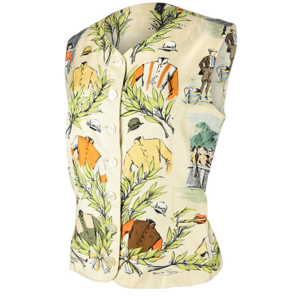 Guaranteed authentic Hermes scarf print vest. 
Chic Chantilly scarf print vest in yellow, orange, green and brown.
Depicts horse racing motif by Maurice Taquoy.
V neck with 7 embossed mother of pearl buttons.
Beautifully embossed silk lining.
Fabric