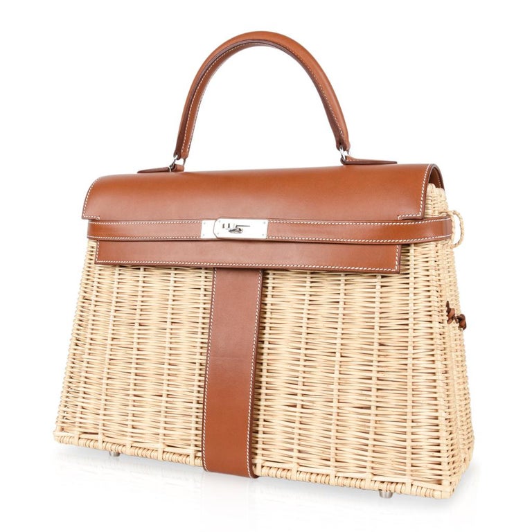 Hermes Picnic Kelly Bag 35 Wicker/Osier Palladium Hardware For Sale at