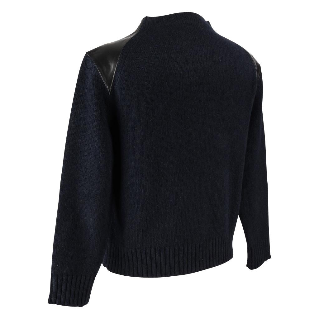 Celine Sweater Navy Crew with Black Leather Shoulders M In Excellent Condition In Miami, FL