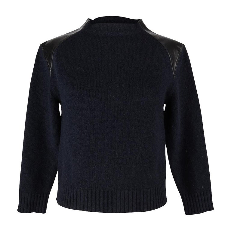 Celine Sweater Navy Crew with Black Leather Shoulders M at 1stDibs