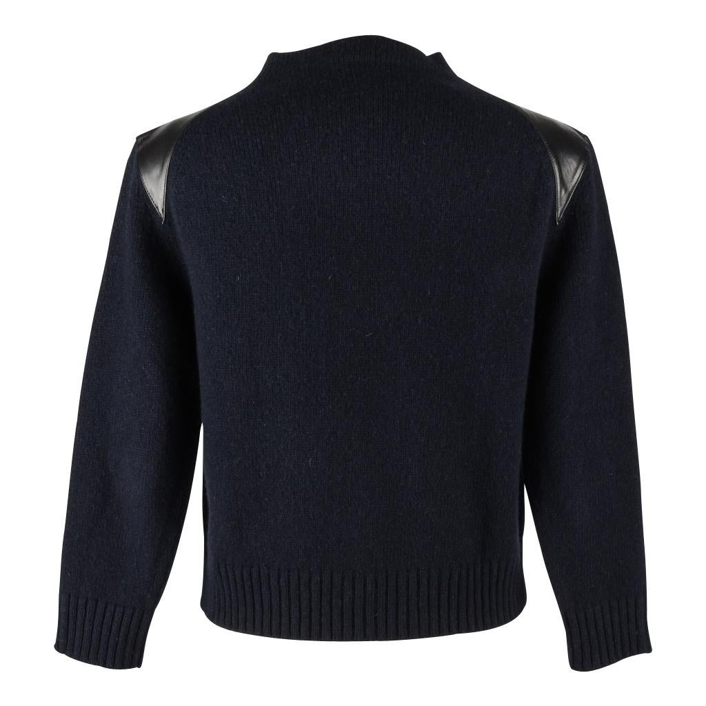 Celine Sweater Navy Crew with Black Leather Shoulders M