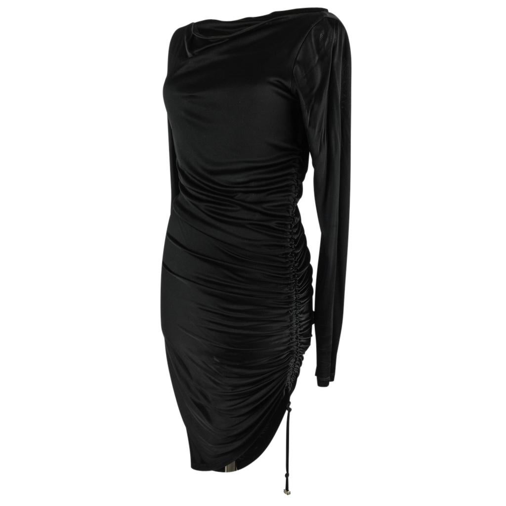 Guaranteed authentic Versace jet black slinky dress.  
Wide boat neck that also falls of one shoulder if you wish. 
Pull on dress with gorgeous draping created by the adjustable drawstring on one side. 
Creates as much or as little of an
