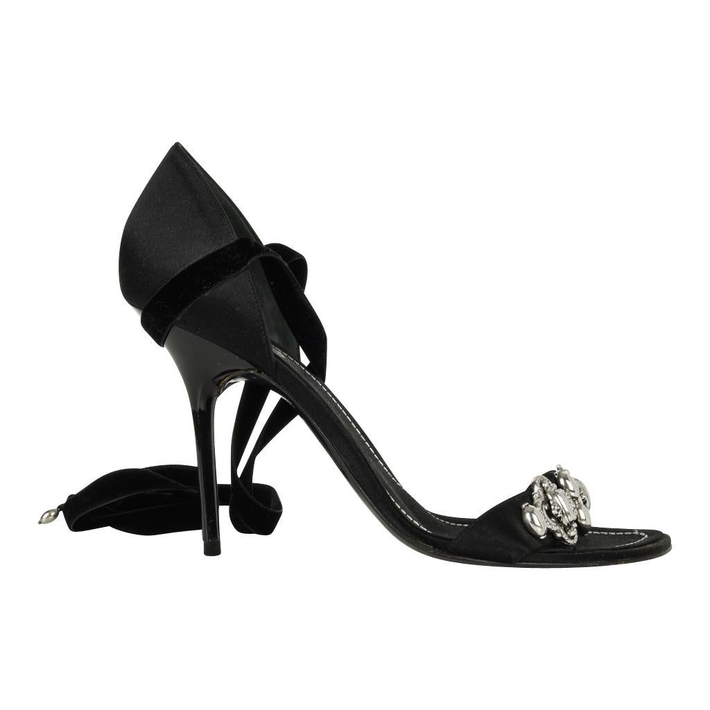 Rene Caovilla Black Ankle Tie Silver Hardware 38.5 / 8.5  For Sale