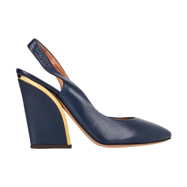Chloe Shoe Slingback Shaped Block Heel Dark Royal Blue Gold Detail 39 /