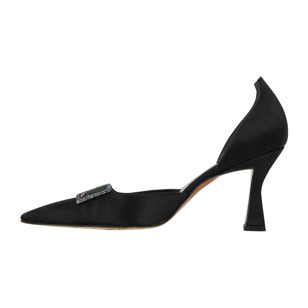 Women's Christian Dior Shoe Beaded Clasp D'Orsay Black Satin Pump 38 / 8