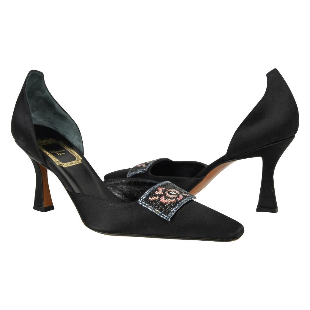 Christian Dior Shoe Beaded Clasp D'Orsay Black Satin Pump 38 / 8