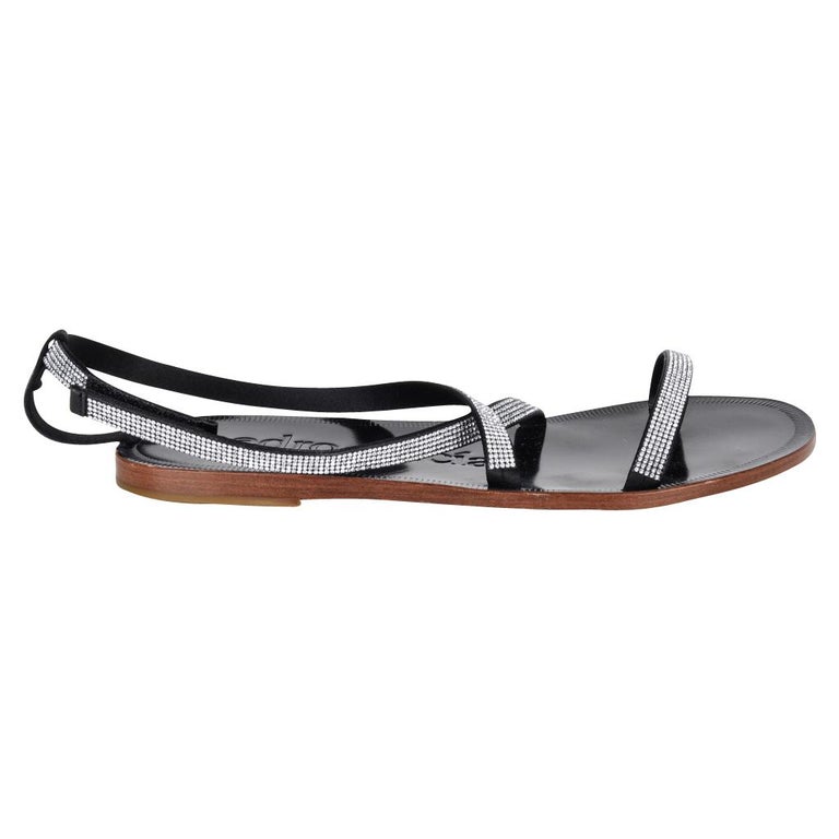 Pedro Garcia Shoe Flat Black Leather Swarovski Diamante Sandal 37 / 7 at  1stDibs