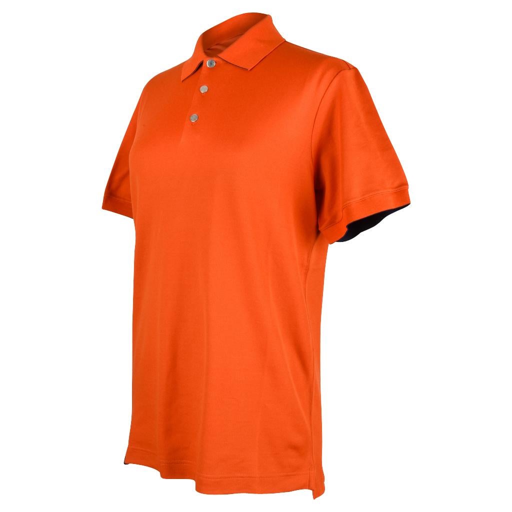 Red Hermes Men's Polo Style Orange Feu w/ Navy Edging Short Sleeve M New