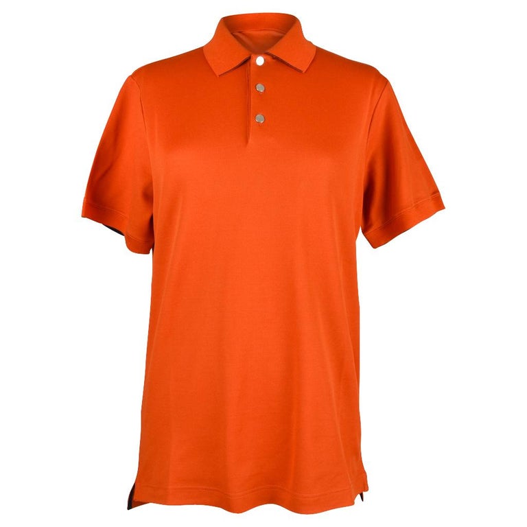 Hermes Men's Polo Style Orange Feu w/ Navy Edging Short Sleeve M New