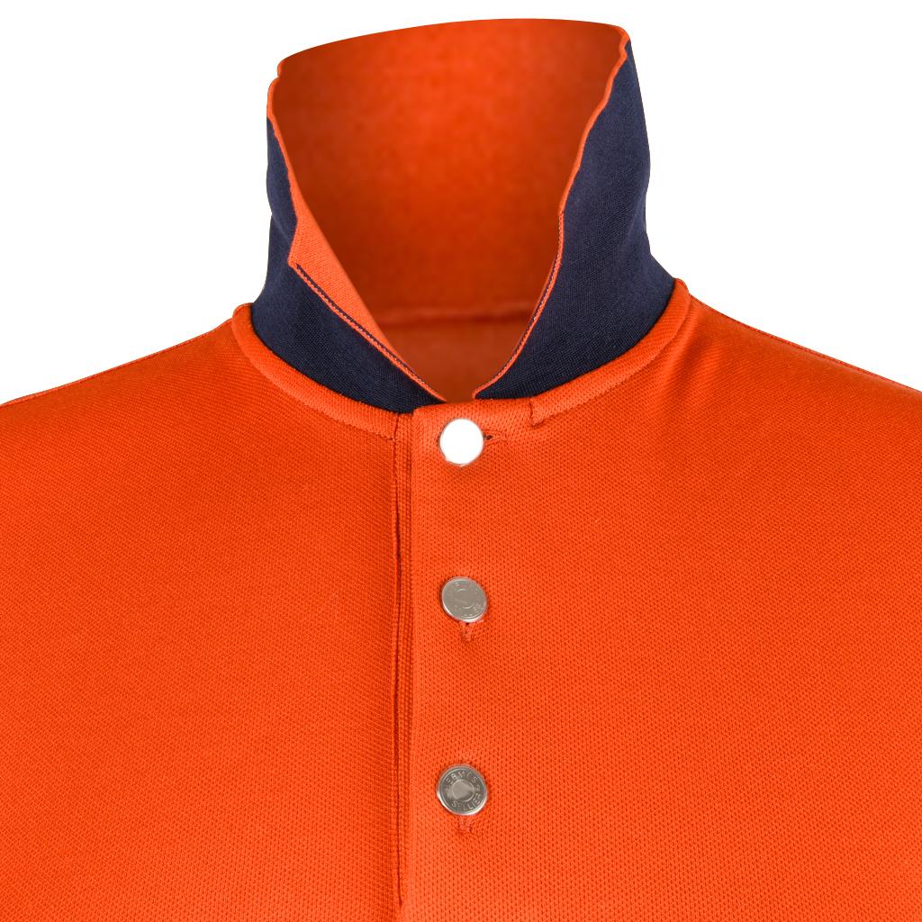 Guaranteed authentic Hermes Orange Feu with Navy edging men's polo style shirt.
Contrasting Navy on collar, sleeve and on vents.
Short sleeve shirt with 3 silver Clou de Selle buttons. 
Ribbing around sleeves.
Fabric is cotton and polyester.