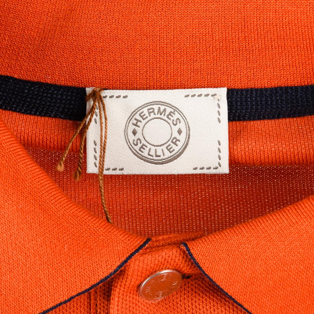 Hermes Men's Polo Style Orange Feu w/ Navy Edging Short Sleeve M New 3