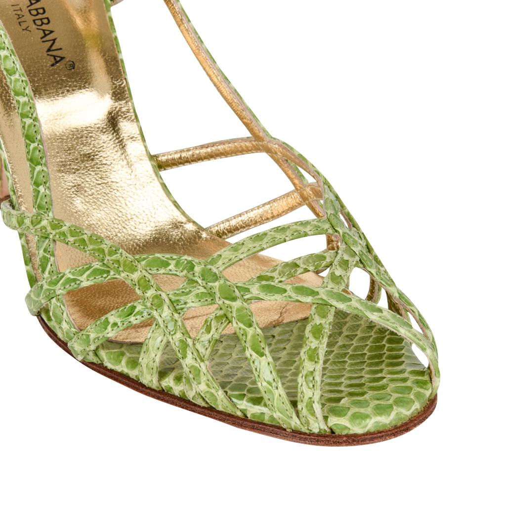 Chaussures à lanières en peau de serpent vert frais Dolce&Gabbana, garanties authentiques.
De fines lanières créent un motif tissé sur le bout de l'escarpin.
Talon façonné. 
Veuillez voir la même chaussure en satin noir listée.
vente finale

TAILLE