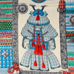 Hermes Shawl Parures de Samouraïs GM Cashmere Silk Blanc Turqouise Vert