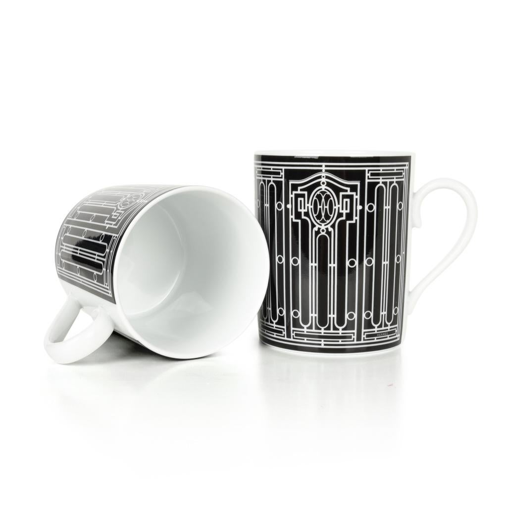 Hermes H Deco Mugs Black w/ White Set of 2 new 1