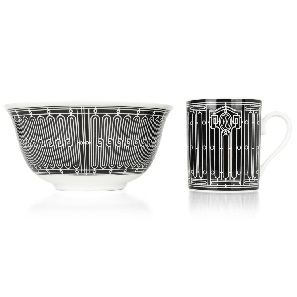 Hermes H Deco Mugs Black w/ White Set of 2 new 3
