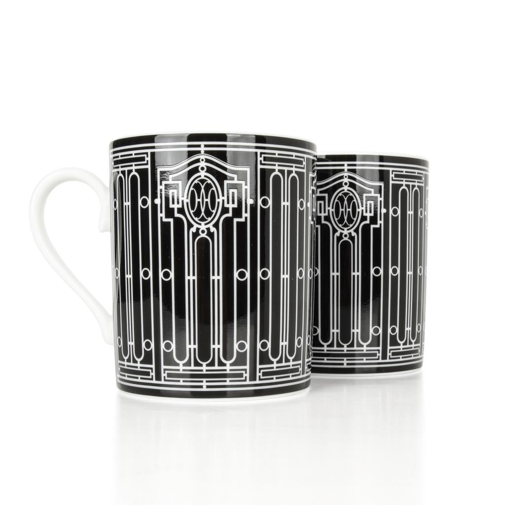 Hermes H Deco Mugs Black w/ White Set of 2 new 4