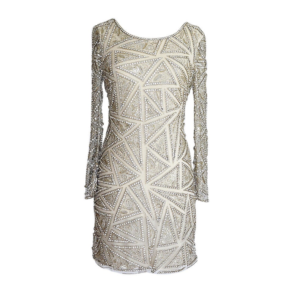 Naeem Khan Dress Crystal Diamante Silver Beaded Embellished Triangles 6 NW 