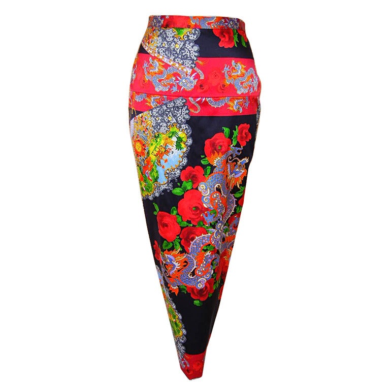 Dolce & Gabbana Vintage Skirt Exotic Asian Print Dragons Fans Roses 40 / 6 6