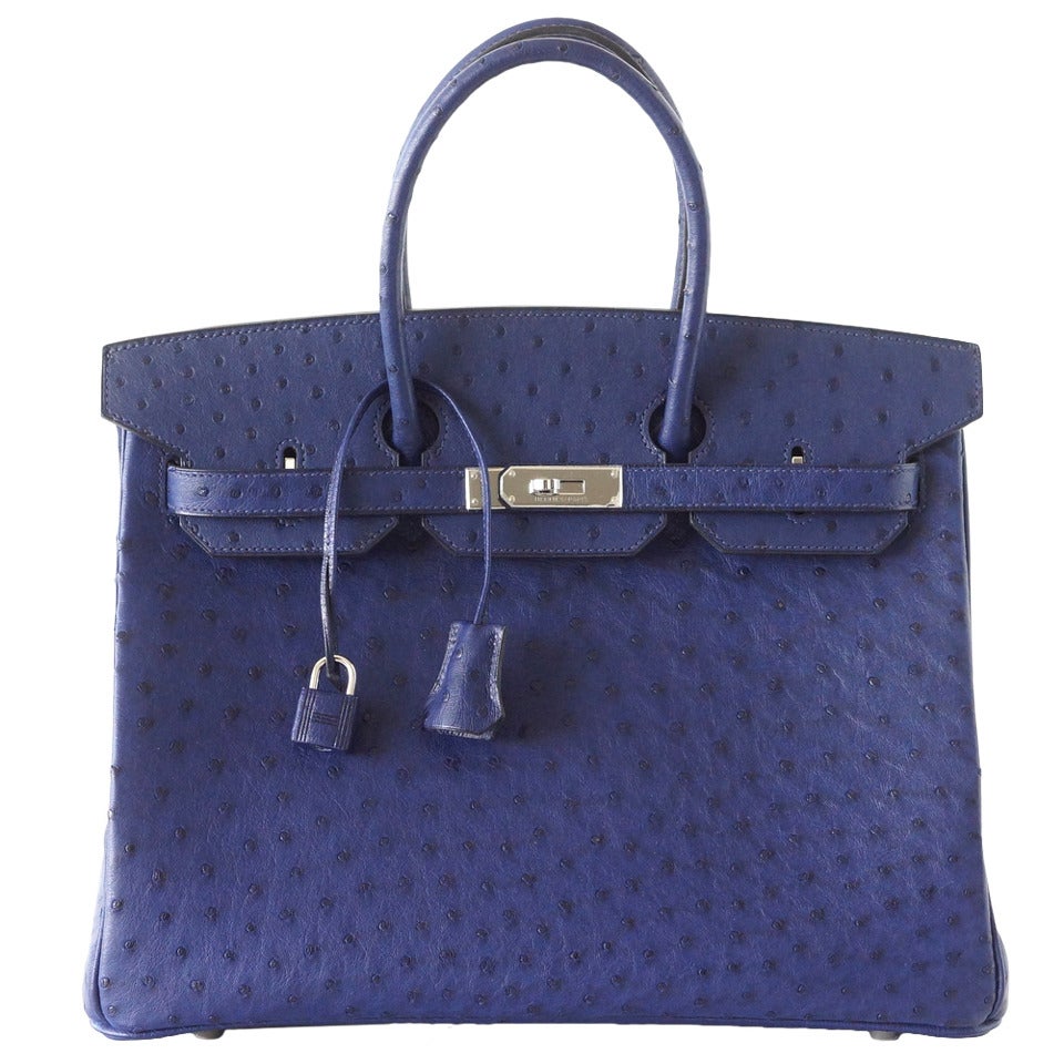 HERMES BIRKIN 35 Bag Rare Jewel Toned BLUE IRIS Ostrich Palladium Hardware