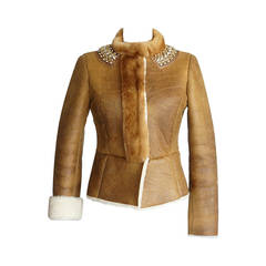 PRADA jacket distressed SHEARLING mink and jeweled collar 40 6 to 4 MINT 8