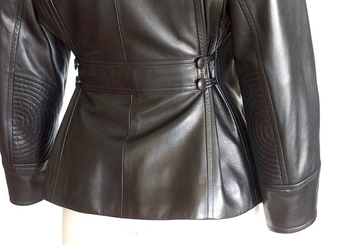 Black Hermes Vintage Leather Jacket with Detachable Fur Collar 42   For Sale