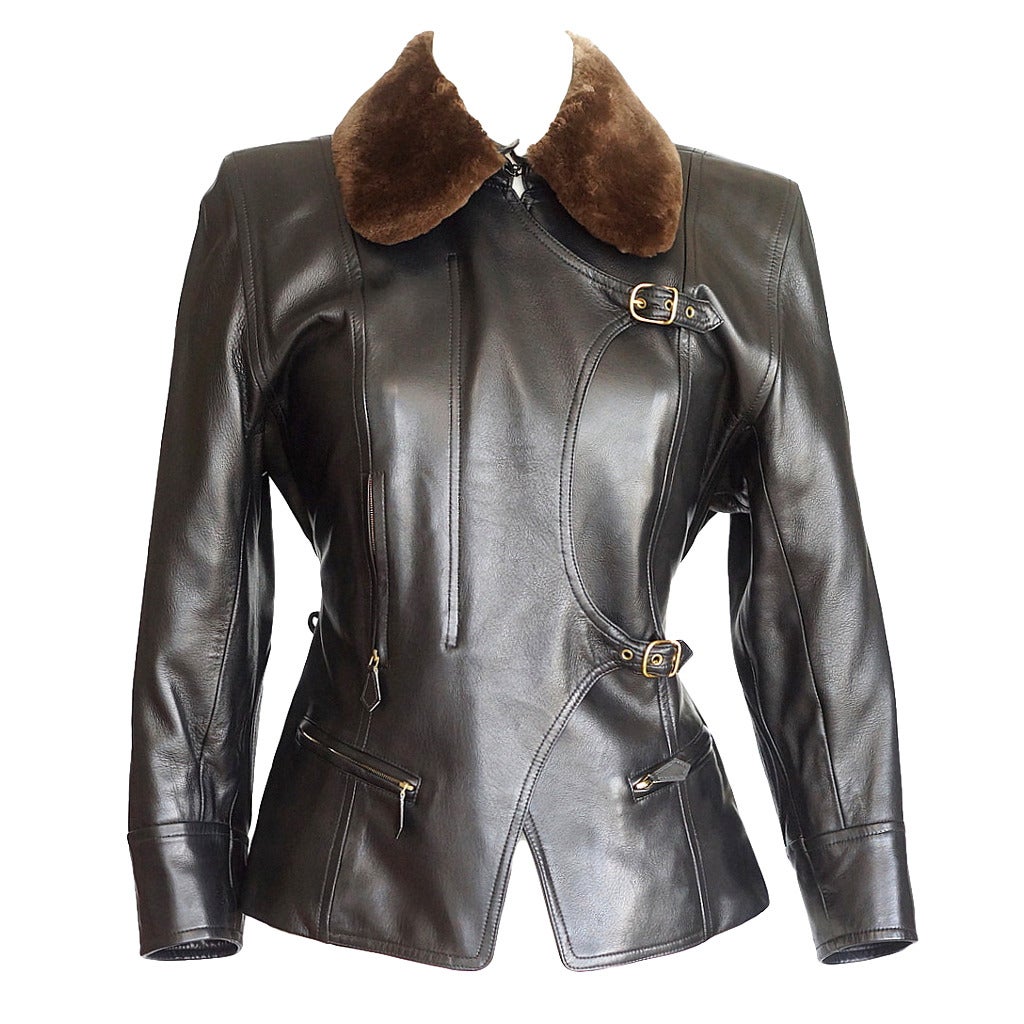 Hermes Vintage Leather Jacket with Detachable Fur Collar 42  