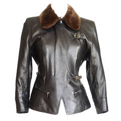 Hermes Vintage Leather Jacket with Detachable Fur Collar 42