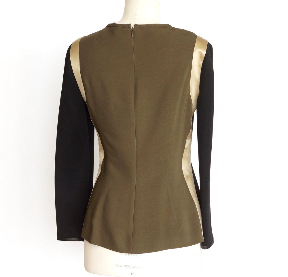 Givenchy Top Olive Black Gold Color Block Leather Trim 42 / 6  nwt In New Condition In Miami, FL