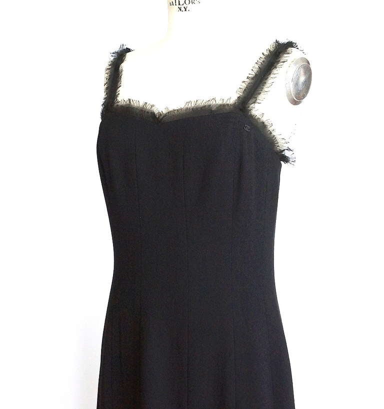 CHANEL 04P dress black wool chiffon fringe detail wearable 42 / 10 mint In Excellent Condition In Miami, FL