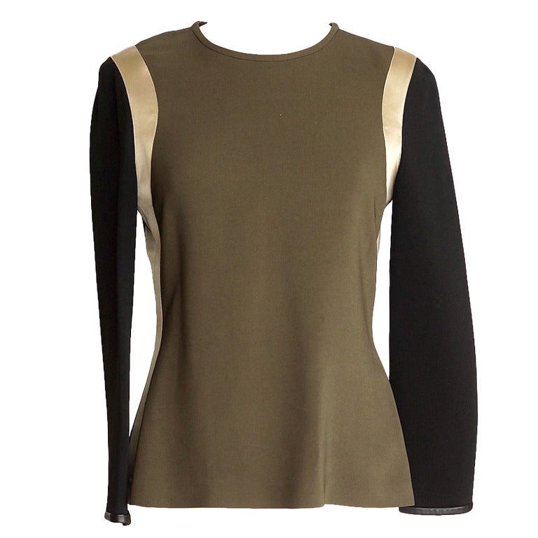 Givenchy Top Olive Black Gold Color Block Leather Trim 42 / 6  nwt