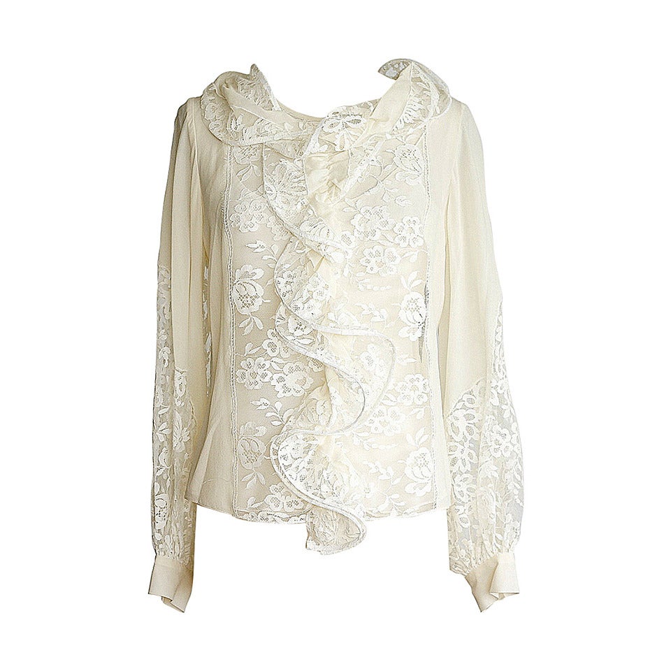 OSCAR de la RENTA top cream silk blouse beautiful lace insets 8 NWT For